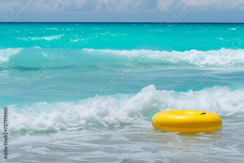 bright yellow swimming ring on turquoise sea with gentle waves