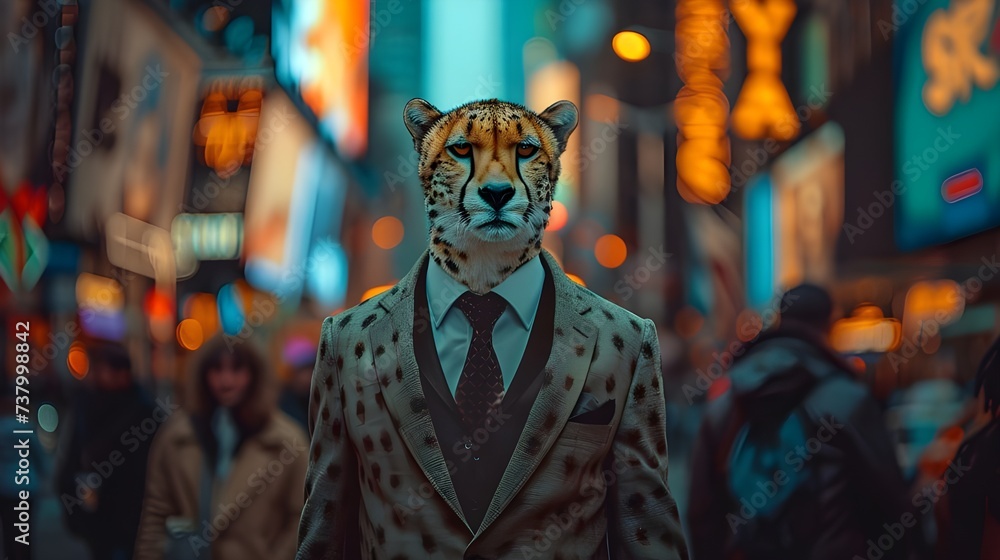 An elegant cheetah adorned in a three-piece suit, walking confidently down a bustling city street