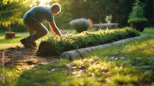 Person meticulously unrolls fresh strip of sod on prepared soil bed in their lush backyard. photo