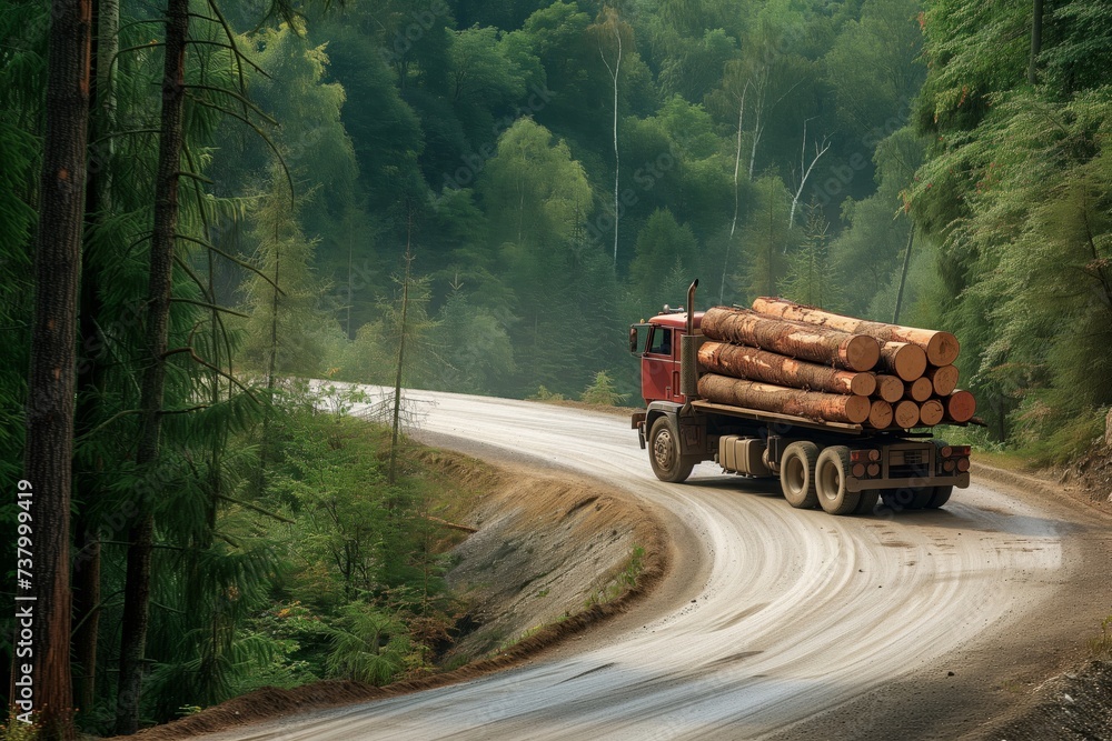 logging truck with full load rushing on a forest road curve