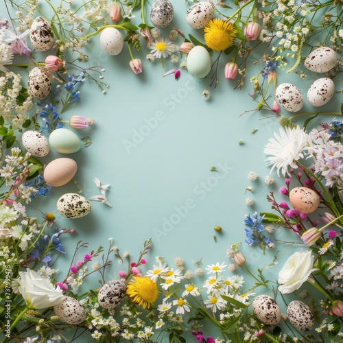 Creative layout made of Holiday Easter eggs and flowers. Flat lay. Nature Easter concept,copy space.