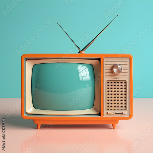 Retro old orange TV receiver on table front gradient aquamarine wall background. Vintage style filtered photo