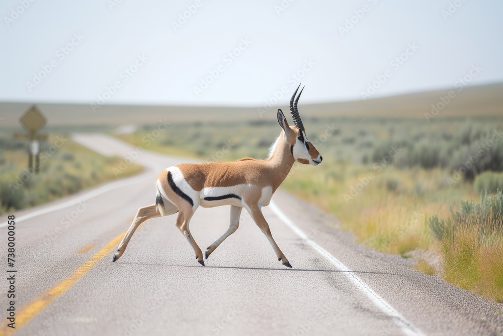 pronghorn antelope crossing a remote western us road - obrazy, fototapety, plakaty 