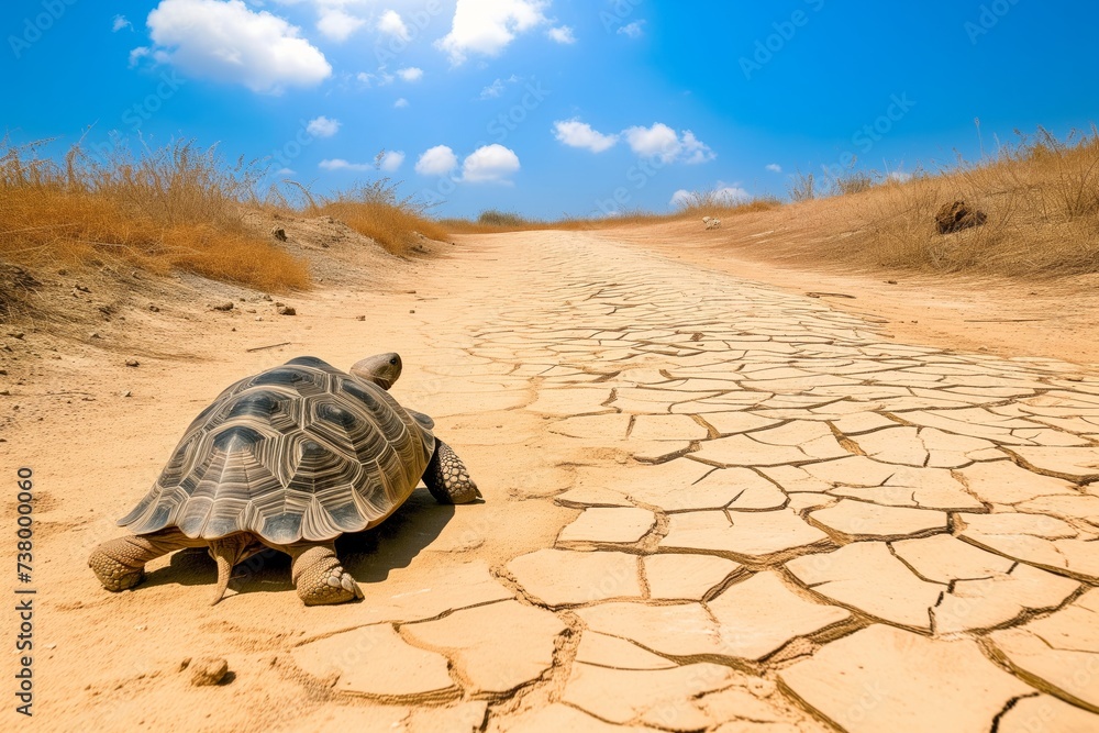 tortoise slowly crossing a sandy path in a dry climate - obrazy, fototapety, plakaty 