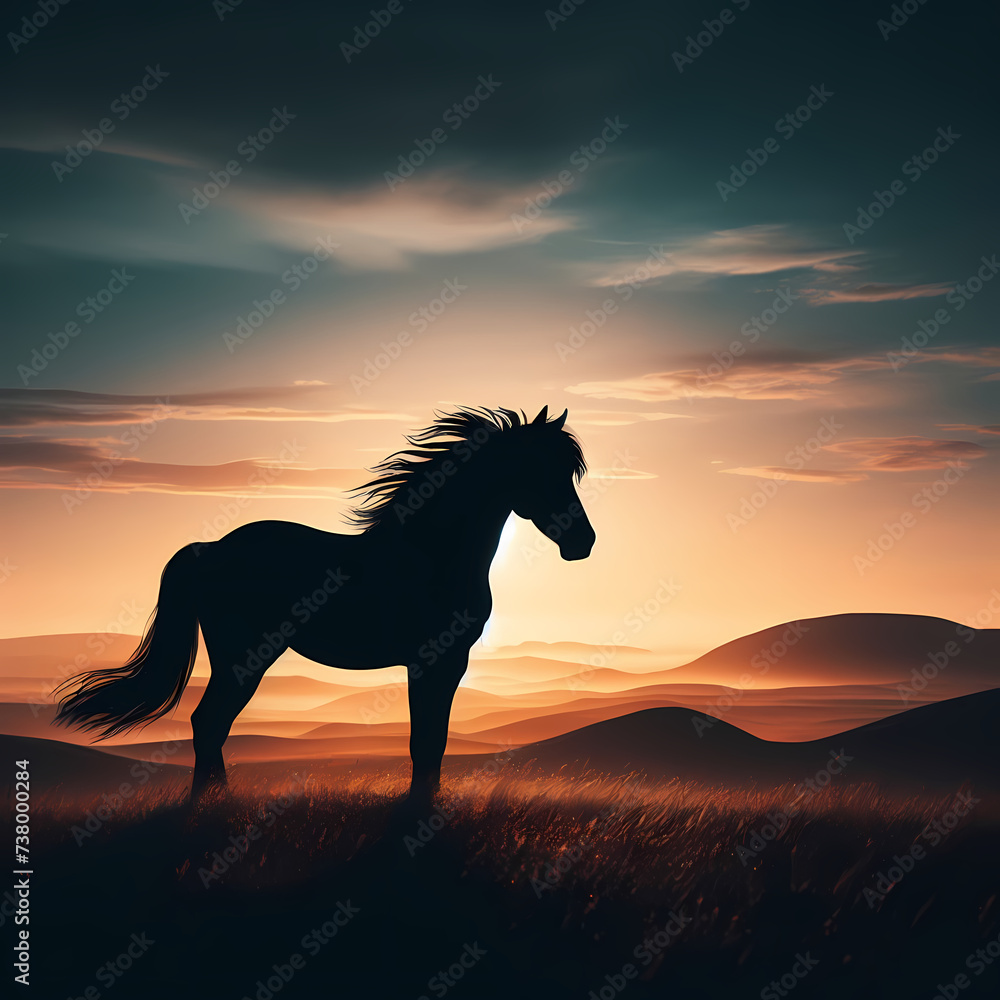 a stunning silhouette image of a horse against the backdrop of a sweeping landscape, capturing the grace and power of this magnificent creature in its natural environment, generative ai