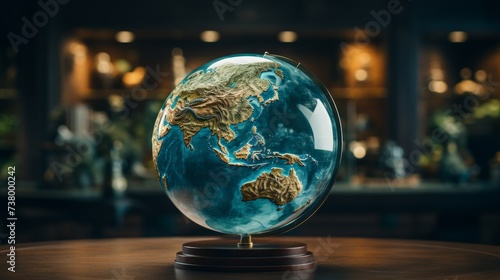 Blue and Gold Globe on Wooden Table