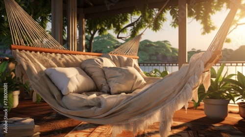 White Hammock Hanging From Wooden Porch