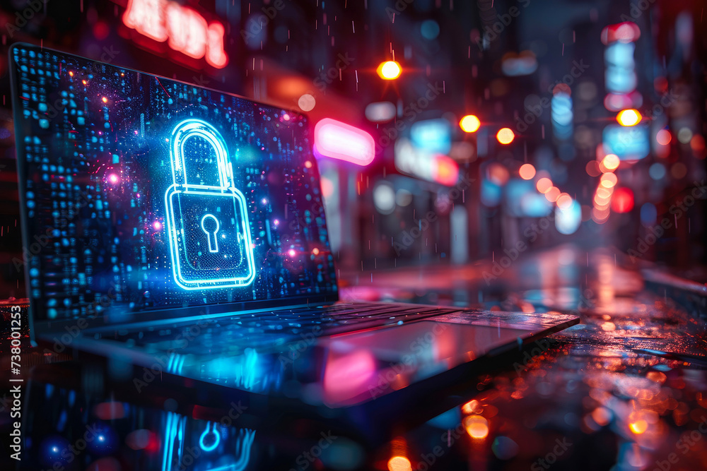 In the rainy city night, a building's neon light reflects onto a locked laptop, a symbol of modern security and isolation - obrazy, fototapety, plakaty 