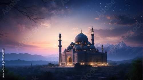 mosque at sunset time photo