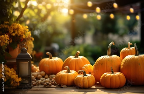 Pumpkins of various sizes on the table with blurred natural light