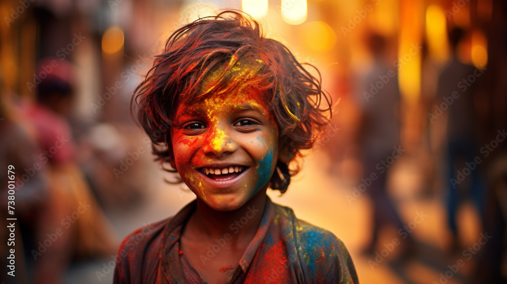 Happy smiling Joyful Child with Colorful Face Paint Celebrating Holi Festival banner with color powder on background.