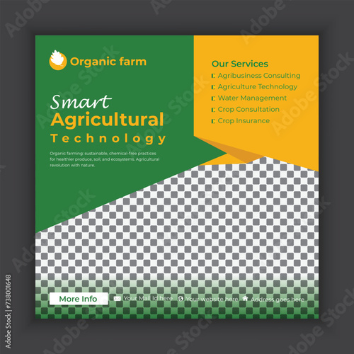 Organic farm and agricultural technology or farming web banner template design. Agro, bio, eco farm services social media post banner template