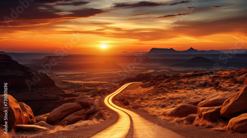 Road in the desert at sunset created with Generative AI technology