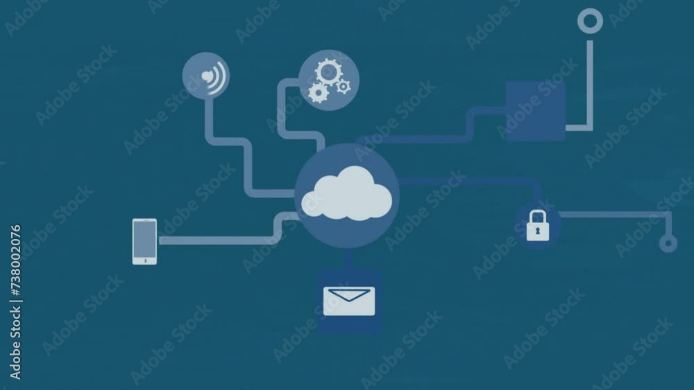 Animation of central cloud icon and digital media network on blue background Animation of central cloud icon and digital media network on blue background