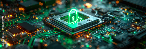 The intricate network of electronic components and hardware programmers merge together, guarded by a glowing green padlock, symbolizing the secure and immutable nature of readonly memory in the ever-