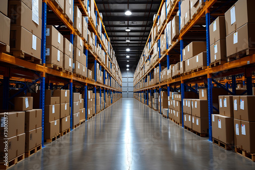 View of a warehouse with neatly lined shelves filled with cardboard boxes. Organized and systematic storage of products ready for shipment. efficient inventory management. Logistics, cargo storage