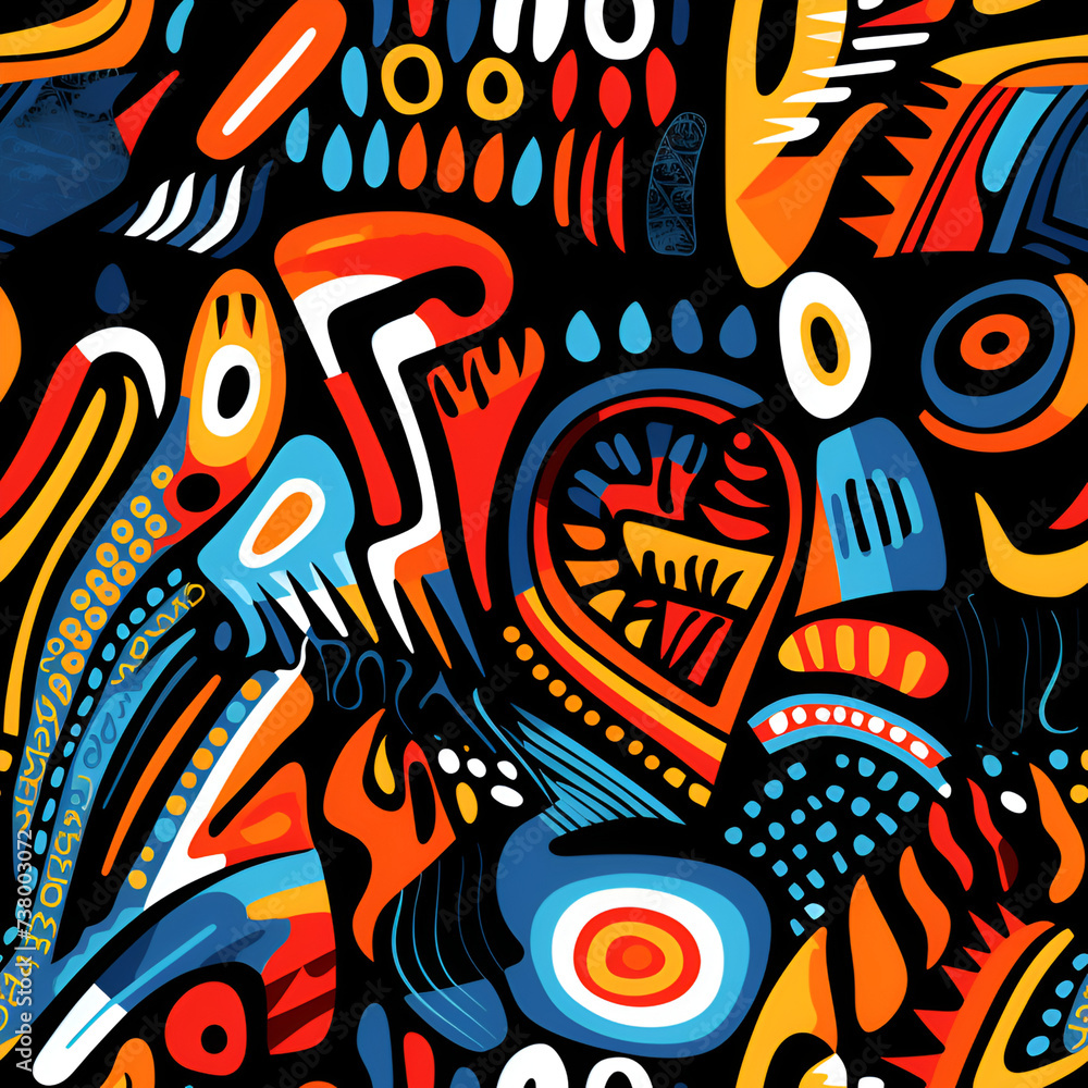 Ethnic and tribal motifs color seamless ornament. Colored shapes and lines on background. Print in the bohemian style