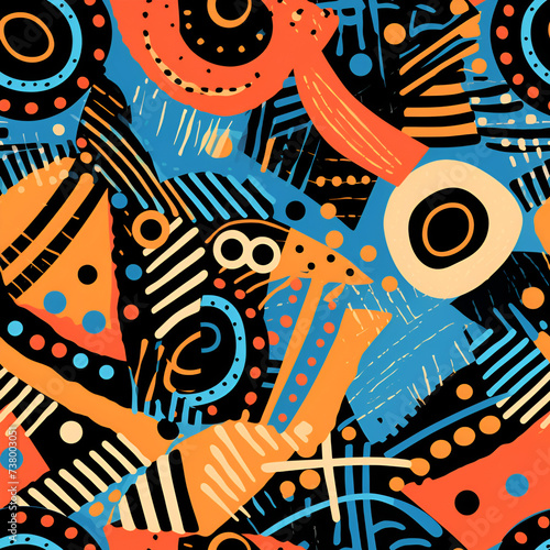 Ethnic and tribal motifs different color seamless ornament. Colored shapes and lines on white background. Print in the unique style