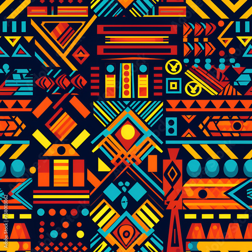 Ethnic and tribal motifs bright color seamless ornament. Colored shapes and lines on background. Print in the bohemian style