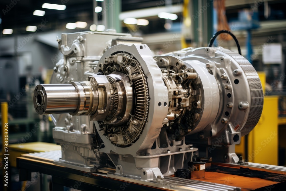 A close-up view of a powerful motor drive, surrounded by intricate industrial machinery, set against the backdrop of a bustling factory floor