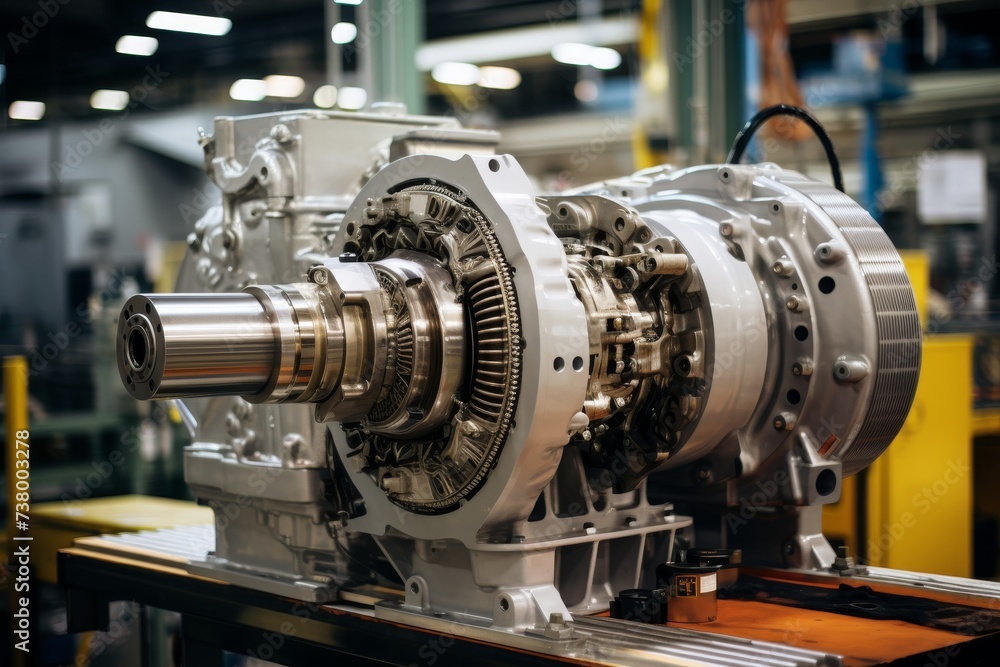 A close-up view of a powerful motor drive, surrounded by intricate industrial machinery, set against the backdrop of a bustling factory floor A close-up view of a powerful motor drive, surrounded by intricate industrial machinery, set against the backdrop of a bustling factory floor