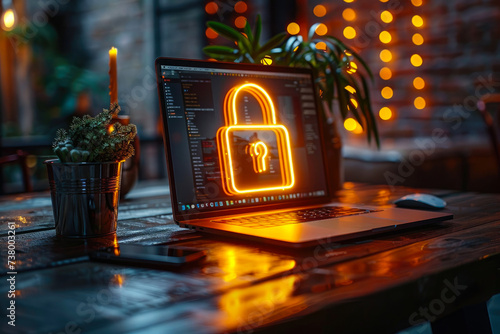 In the dimly lit indoor space, a laptop with a locked screen stands atop a table surrounded by a flickering candle, a building-shaped vase holding a vibrant houseplant, and a flowerpot overflowing wi