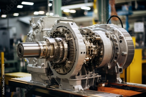 A close-up view of a powerful motor drive, surrounded by intricate industrial machinery, set against the backdrop of a bustling factory floor