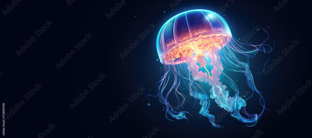 Glowing jellyfishes swim deep in dark blue ocean. Realistic Medusa neon jellyfish in sea. Black background with a space for text. Glowing jellyfishes swim deep in dark blue ocean. Realistic Medusa neon jellyfish in sea. Black background with a space for text.