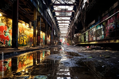 A vibrant  flashing light illuminating the gritty industrial surroundings  highlighting rusted metal structures  worn-out machinery and graffiti-covered walls