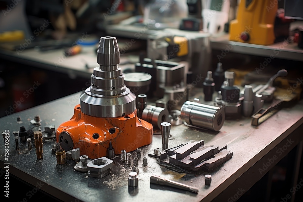 Close-up shot of a high-quality carbide tool bit, resting on a well-worn workbench in an industrial setting, surrounded by various mechanical components Close-up shot of a high-quality carbide tool bit, resting on a well-worn workbench in an industrial setting, surrounded by various mechanical components
