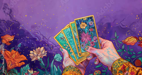 Illustration of a hand holding 4 tarot and oracle card spread, inviting users to seek guidance, self-reflection, and spiritual insights. These cards serve as powerful tools for divination.
