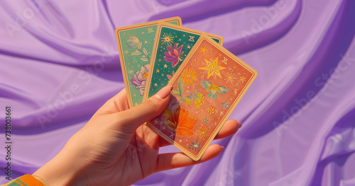 Woman hand holding  3 nature tarot oracle cards, inviting users to seek guidance, self-reflection, and spiritual insights. These cards serve as powerful tools for divination.