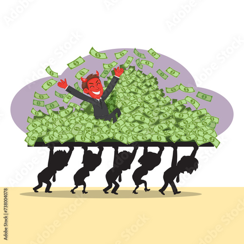 Devil businessman on pile of evil money banknote. illustration vector eps10 cartoon.