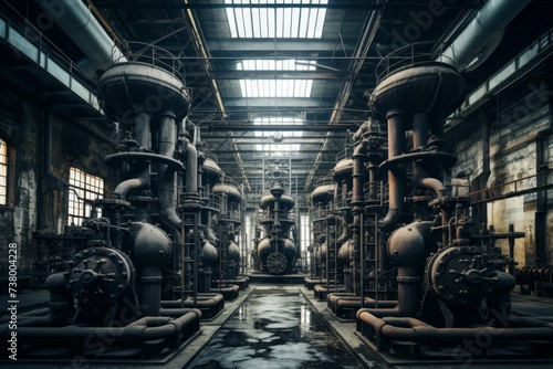 A Massive Tempering Furnace Glowing in the Heart of an Industrial Factory, Surrounded by a Maze of Pipes and Machinery