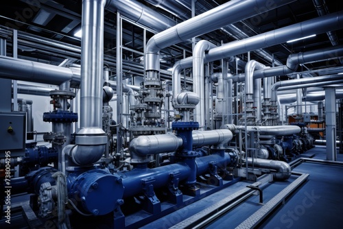 An intricate decarburization system in a large industrial setting, with a maze of pipes and valves against a backdrop of steel structures and machinery
