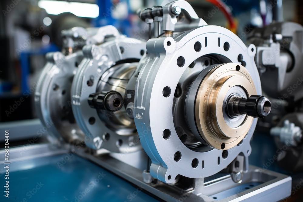 Detailed view of a complex brake assembly unit, meticulously arranged on a clean, well-lit industrial workbench, ready for installation Detailed view of a complex brake assembly unit, meticulously arranged on a clean, well-lit industrial workbench, ready for installation