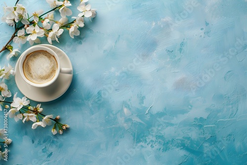 Blossoming cherry flowers adorn a blue textured background on a morning coffee cup. Concept Springtime Refreshment, Floral Delights, Morning Bliss, Blossoming Beauties