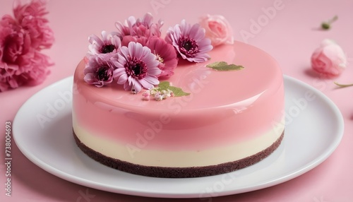 Pink mousse cake with mirror glaze decorated with flowers