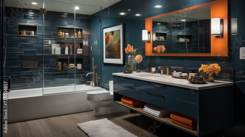Clean Navy Blue and Orange Bathroom Design