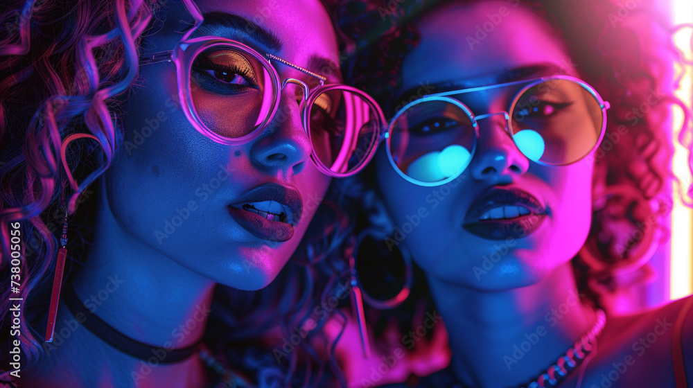 90s women at techno disco with neon colours. A techno party full of dancing people. AI generativ