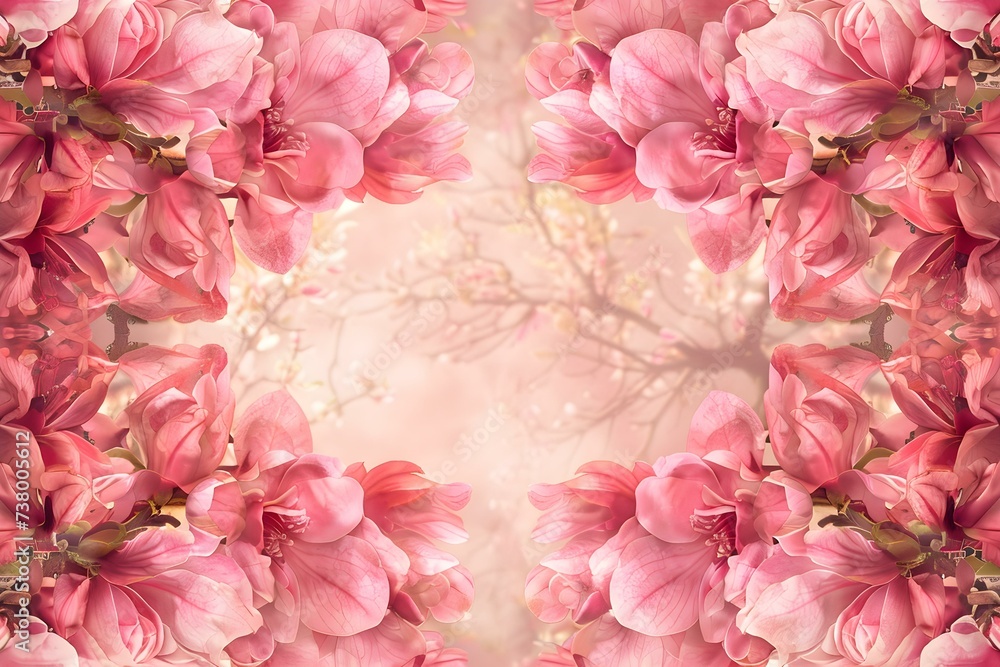 Gorgeous April Scene: Radiant Pink Magnolia Blossoms Shine under the Sun. Concept Springtime Splendor, Cherry Blossom Delight, Refreshing Rain Showers, Vibrant Tulip Fields