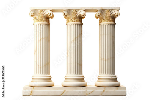 Three White Marble Pillars With Gold Detailing. This photo features three white marble pillars with intricate gold detailing, showcasing their elegant design and craftsmanship.