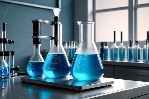 Equipment for electrolysis and conical flasks with blue acid in chemical laboratory. Reagents acids suspensions for experiments on lab table indoors. Chemical industry concept. Copy ad text space