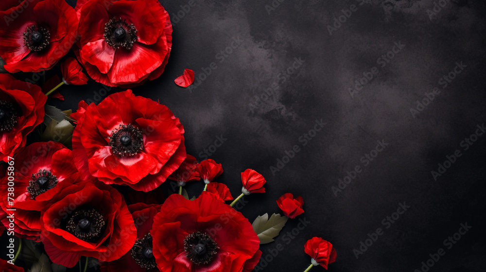 Red Poppies banner copy space on a Textured black dark Background in a Bold Flat Lay Composition remembrance Memorial Day. - obrazy, fototapety, plakaty 