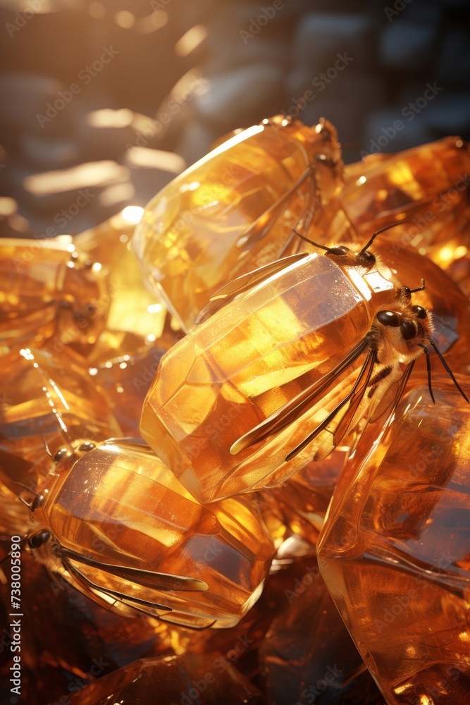 Golden amber with frozen insects. Delicate translucent pieces capturing sunlight and shadow