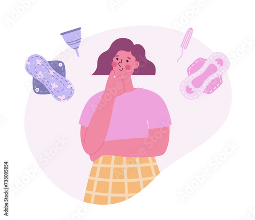 Woman choosing between reusable and disposable menstrual period accessories. Menstrual cup and textile pad vs disposable pad and tampon.