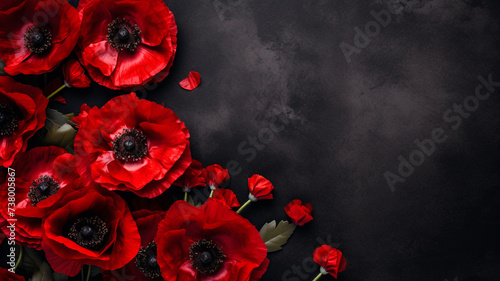Red Poppies banner copy space on a Textured black dark Background in a Bold Flat Lay Composition remembrance Memorial Day. © Alina Nikitaeva