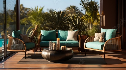 Contemporary Chocolate Brown and Teal Outdoor Lounge © Salman