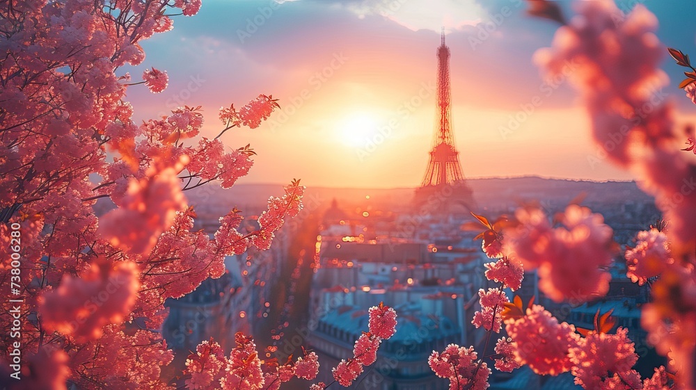 Image of Eiffel tower seen among twigs of pink cherry blossoms at sunset Image of Eiffel tower seen among twigs of pink cherry blossoms at sunset
