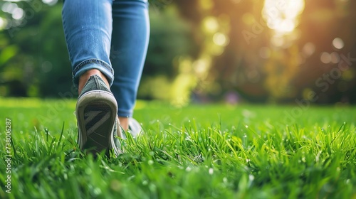 A woman in sneakers and jeans walks along the green grass in the park, showing the benefits of an active lifestyle and developing a positive attitude before starting the work day.